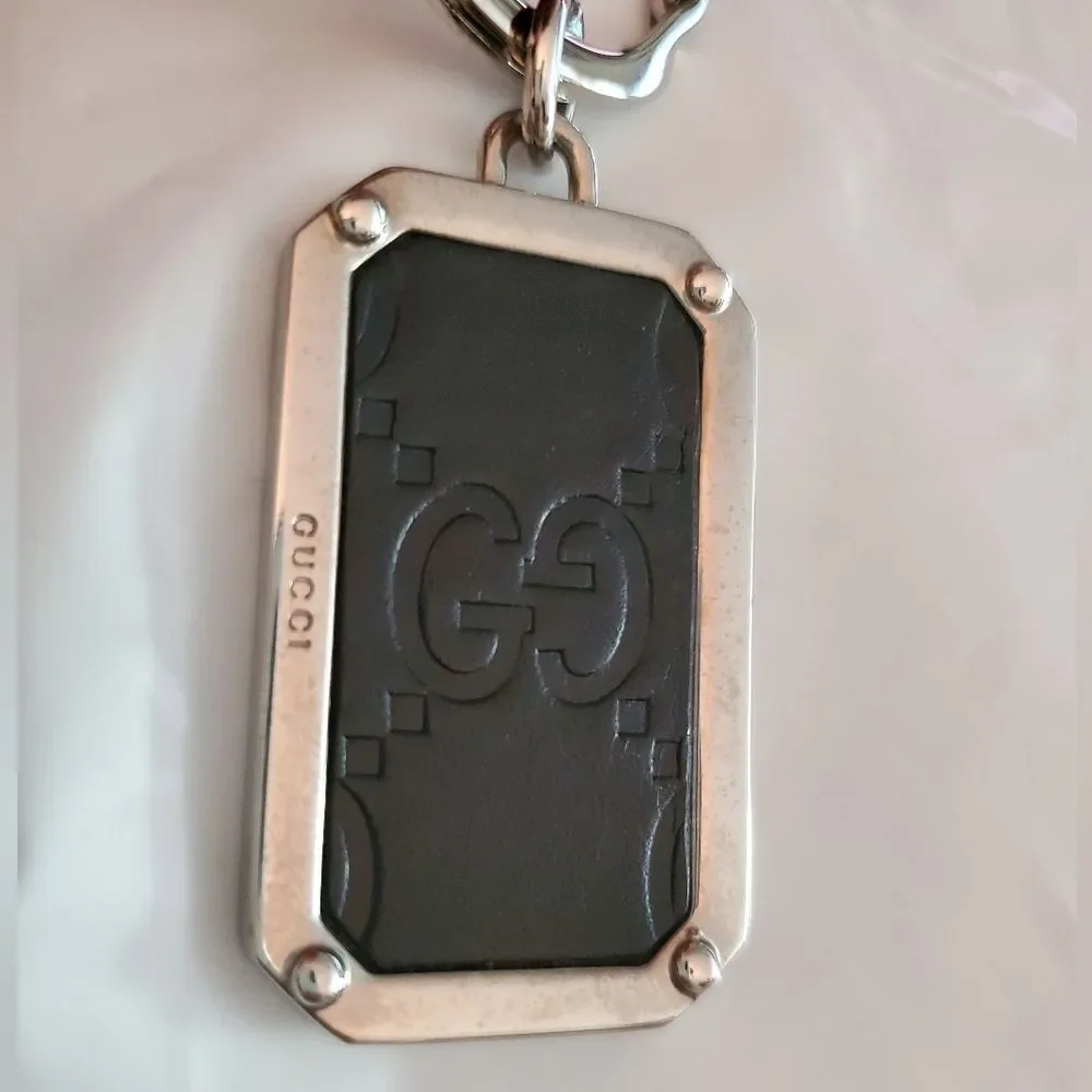 GUCCI Key Ring Shima Dark Brown Leather & Silver Metal Men's Keychain Bag Charm